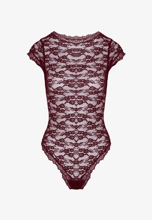 Burgundy lace bodysuit with cap sleeves and floral pattern, featuring scalloped edges and a sheer, fitted design.