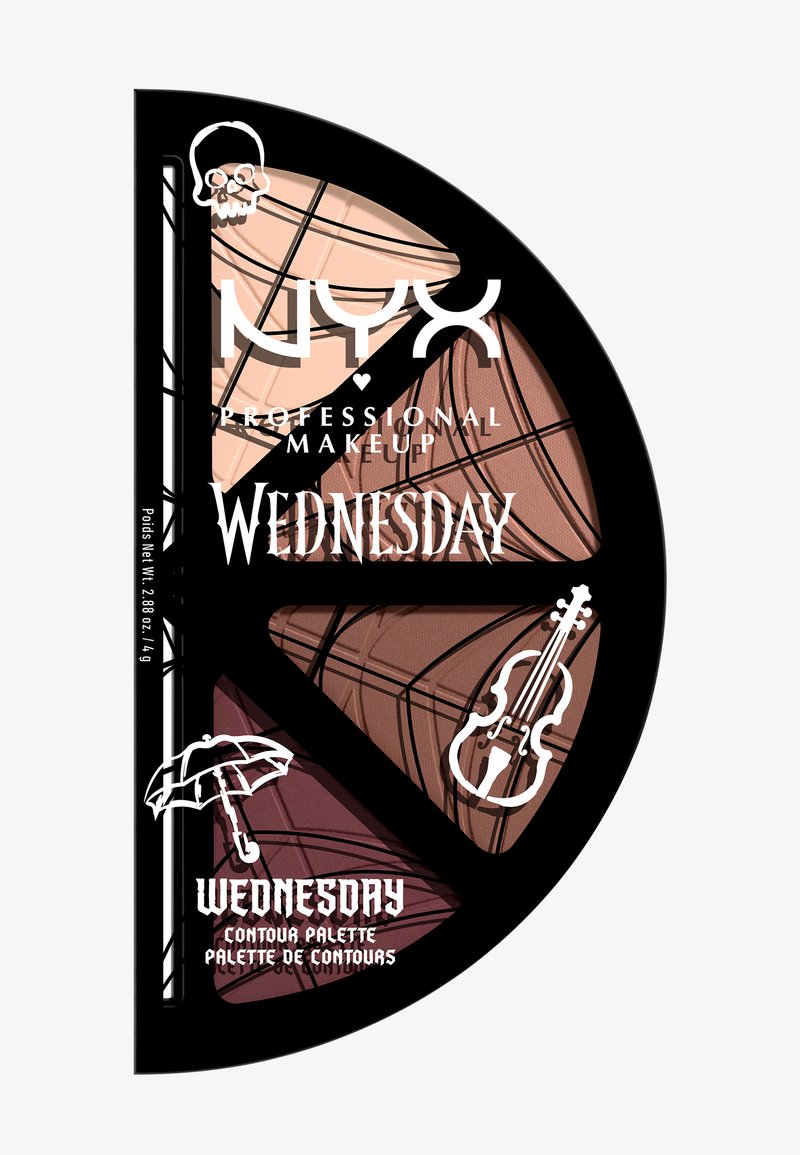 Palette di Contorno NYX Wednesday con quattro tonalità in un astuccio nero circolare, decorato con grafiche bianche di un teschio, un ombrello e un violino.