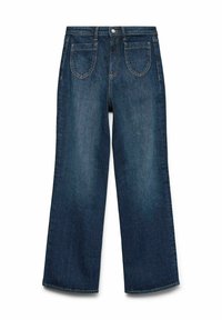 Jeans de mezclilla azul oscuro con un diseño de pierna ancha. Cuenta con cinco bolsillos, un cierre en la parte frontal con botón y costuras visibles.