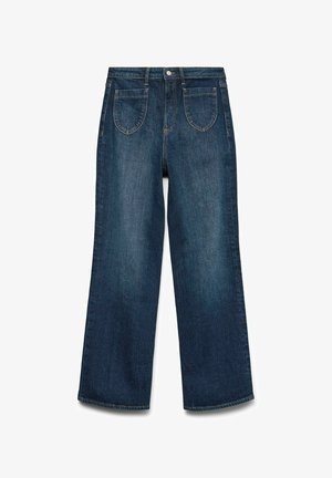 Blugi din denim de culoare albastru închis cu un design cu picior larg. Include cinci buzunare, închidere frontală cu nasture și cusături vizibile.