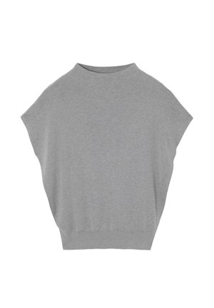 Grauer übergroßer Pullover aus weicher Baumwolle, mit hohem Kragen, kurzen Ärmeln und einem lockeren Schnitt. Nahtloses Design, keine Verzierungen.