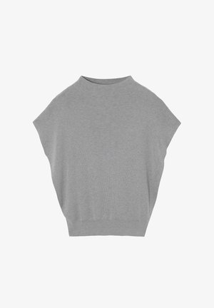 Maglione grigio oversize, realizzato in morbido cotone, presenta un colletto alto, maniche corte e una vestibilità rilassata. Design senza cuciture, senza decorazioni.
