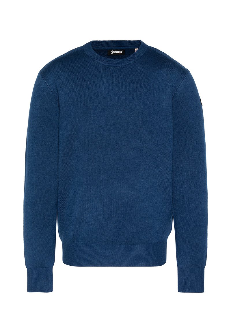 Blauer gestrickter Pullover mit Rundhalsausschnitt, gerippten Bündchen und Saum, mit einem Logopatch am linken Arm. Glatte Textur und mittleres Gewicht.