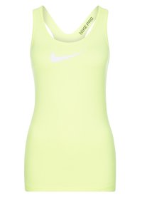 Débardeur Nike Pro jaune vif, avec un logo swoosh blanc, coupe sportive et bretelles croisées dans le dos pour un meilleur maintien.