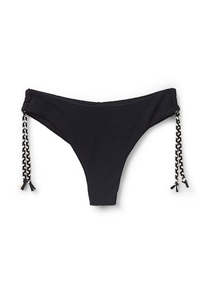 Czarny dół bikini z teksturowanej tkaniny, o wysokim kroju, z plecionymi sznurkami po bokach w kontrastowych kolorach i małymi frędzlami.