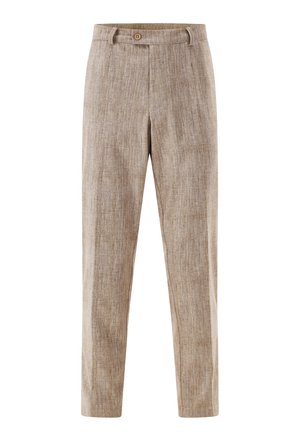 Beige strukturierte Hose mit geradem Bein, Knopfverschluss, Gürtelschlaufen und mittelhohem Bund.