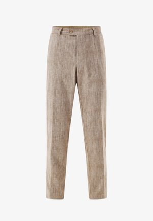 Beige strukturierte Hose mit geradem Bein, Knopfverschluss, Gürtelschlaufen und mittelhohem Bund.