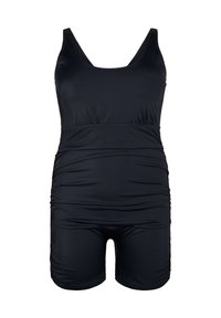 Maillot de bain noir une pièce avec un décolleté en forme de scoop, une taille froncée et des jambes courtes ; fabriqué en tissu extensible et lisse.