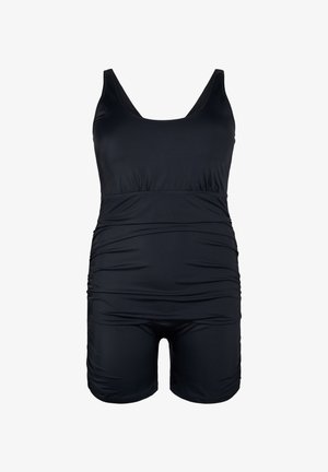 Černé jednodílné plavky s kulatým výstřihem, nařaseným pasem a krátkými nohavicemi; vyrobené z elastického, hladkého materiálu.