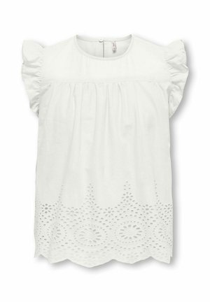 Fehér rövid ujjú blúz fodros ujjakkal, kerek nyakkivágással, húzott elülső résszel, valamint hullámos mintájú lyukacsos hímzéssel a szegély mentén.