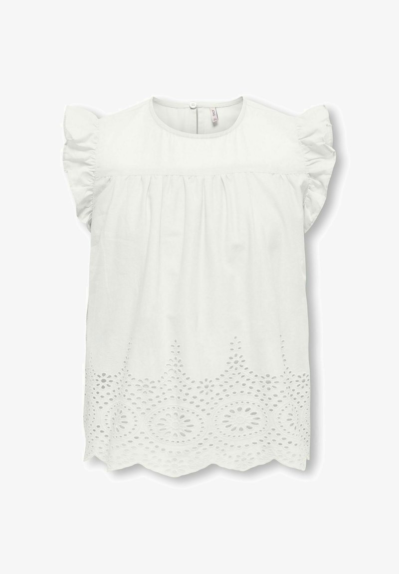 Blouse blanche à manches courtes avec manches à volants, encolure ronde, devant froncé et broderie ajourée festonnée le long de l'ourlet.