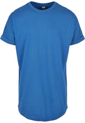 Blå crew-neck T-shirt i bomull med uppvikta korta ärmar och rak fåll. Slät textur med minimal detaljer.