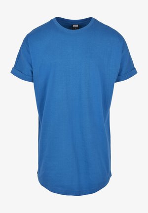 Blue crew-neck T-shirt made of cotton, featuring rolled short sleeves and a straight hemline. Smooth texture with minimal detailing.