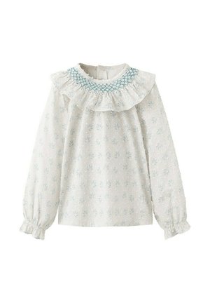 Blouse blanche à manches longues avec un petit motif floral, col à volants avec smocks bleu sarcelle, et poignets élastiques à volants.