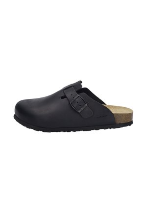 Sort slip-on clog med justerbar sidelås og korksål, med lukket tå og åben hæl.