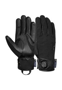Zwarte handschoenen met een leren palm en een textielen achterkant, met ribbelmanchetten en een aanspansysteem. Inclusief waterdichte details.