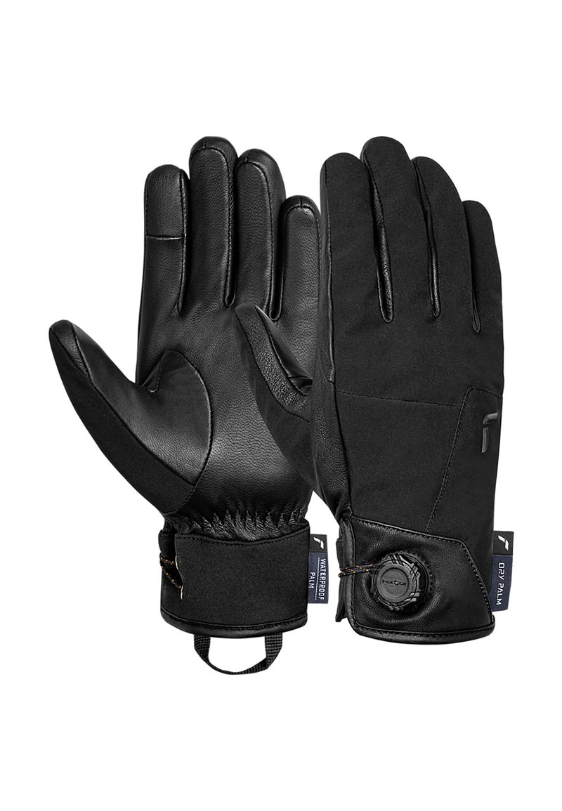 Zwarte handschoenen met een leren palm en een textielen achterkant, met ribbelmanchetten en een aanspansysteem. Inclusief waterdichte details.
