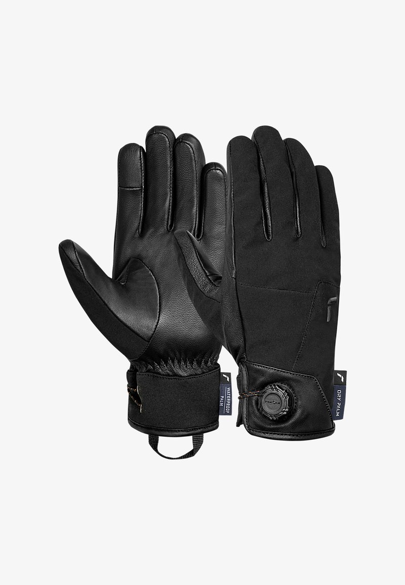 Zwarte handschoenen met een leren palm en een textielen achterkant, met ribbelmanchetten en een aanspansysteem. Inclusief waterdichte details.