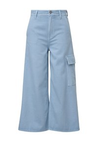 Helleblaue Cargo-Hosen mit weitem Bein aus Baumwolle, mit einer Fronttasche, Gürtelschlaufen und einem Knopfverschluss. Glatte Textur und luftiges Design.