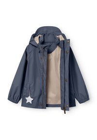 Wasserabweisende marineblaue Jacke mit beigem Innenfutter, ausgestattet mit einer Kapuze, Fronttaschen und einem sternförmigen Akzent auf der Tasche.