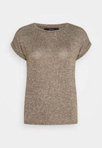 Hnědé melírové triko s krátkým rukávem a kulatým výstřihem, s otočenými manžetami, vyrobené z měkkého pleteného materiálu. Nálepka viditelná na zadní straně.