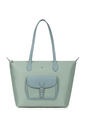 Light green tote bag with long blue handles and a front blue pocket featuring a silver buckle.