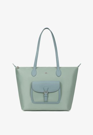 Borsa tote verde chiaro con manici lunghi blu e una tasca frontale blu con una fibbia argentata.