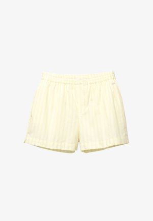 Yellow striped shorts made of soft fabric, featuring an elastic waistband and two button closures. Horizontal stripes in pale yellow and white.