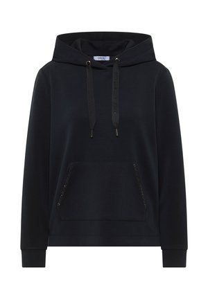 Schwarzer Kapuzenpullover mit einer Fronttasche, Kordelzugkapuze und dekorativen Metallakzenten. Glatte Textiloberfläche mit gerippten Bündchen.