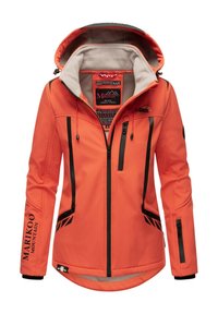 Orange waterproof mountain jacket with a lined hood, black zippers, and reflective accents. Features multiple zippered pockets and logo.