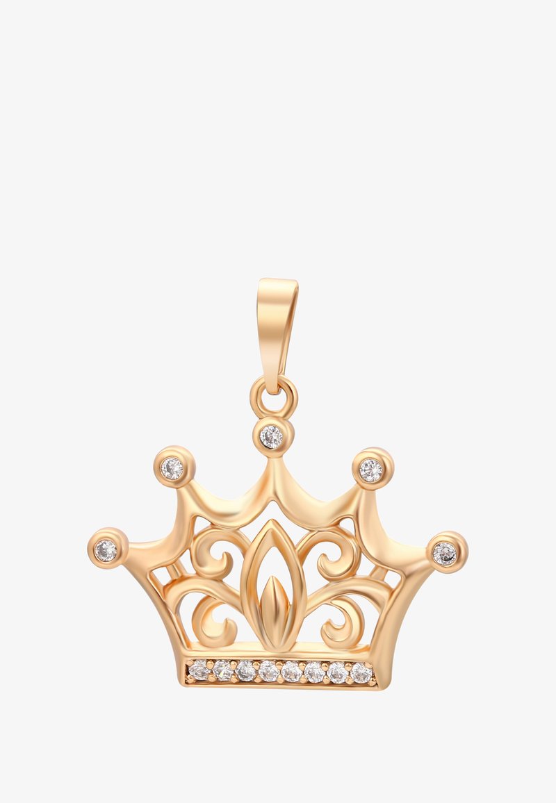 GoldeneAnhänger in Form einer Krone mit filigranen Schnörkeln und kleinen runden Diamanten, die an jeder Spitze und am Boden eingefasst sind.