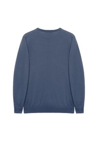 Pull bleu à manches longues avec col rond, fabriqué en tissu doux. Présente des manches et un bas en côte, affichant une texture lisse. Vue arrière montrée.