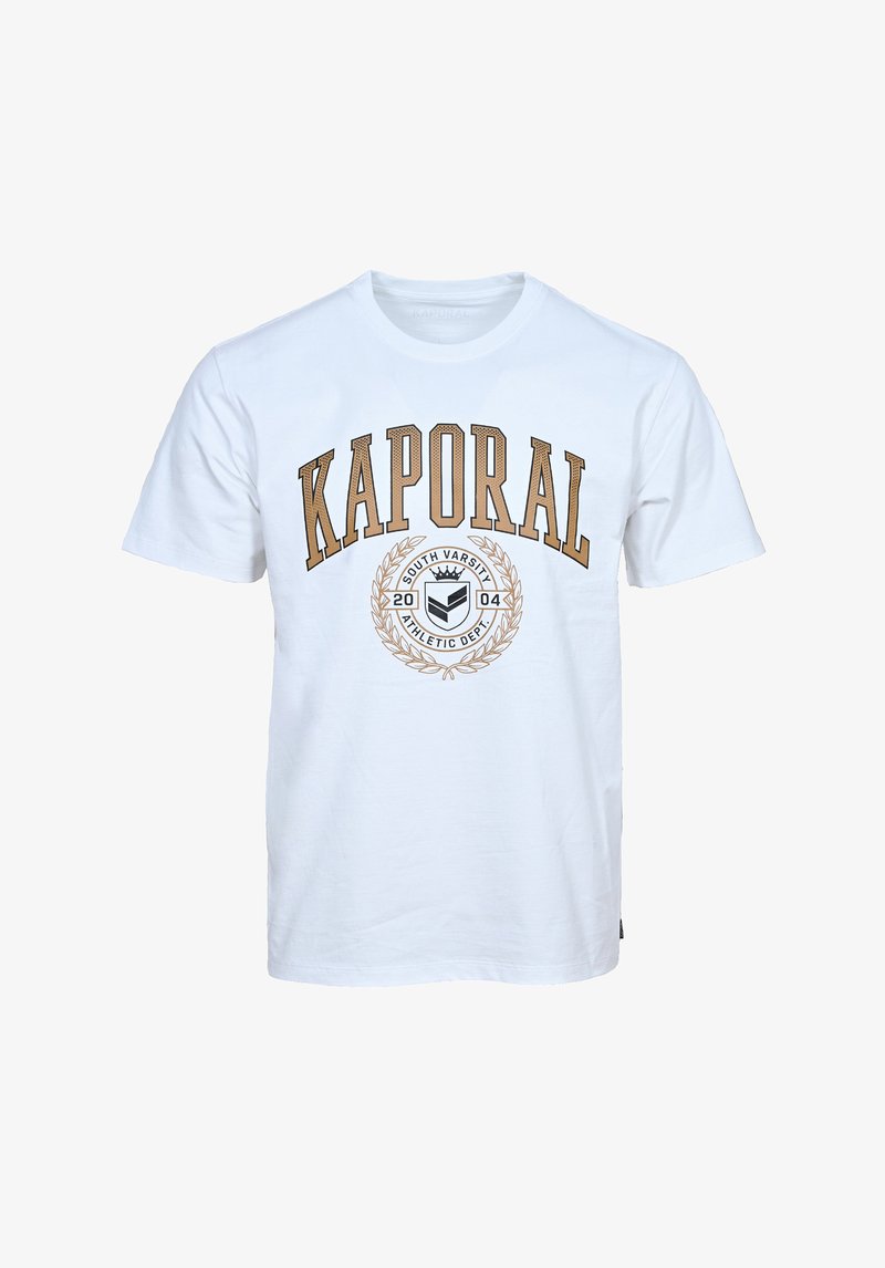 Vit t-shirt i bomull med ett stort brunt "KAPORAL" tryck och en cirkulär logotyp med lagerdesign i mitten, korta ärmar, rund hals.