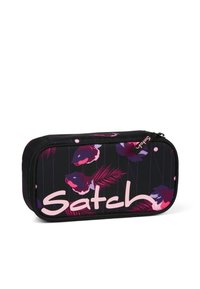 Zippered pencil case in black fabric featuring pink floral patterns. "Satch" logo printed in bold pink. Rectangular shape with textured surface.