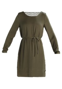 Vestido verde oliva con mangas largas, escote con encaje, cinturilla ajustable y una textura suave, que presenta un diseño de ajuste relajado.