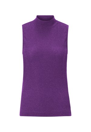 Lila ärmelloses Top mit Stehkragen, gefertigt aus einem glänzenden, gerippten Strickstoff. Es hat ein tailliertes Design und eine glatte Textur ohne Verzierungen.