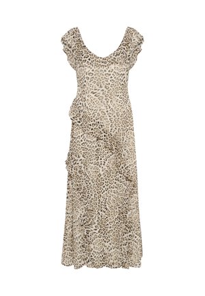Abito maxi con stampa leopardata realizzato in tessuto leggero, caratterizzato da maniche a volant e dettagli a strati, in tonalità di crema e marrone.