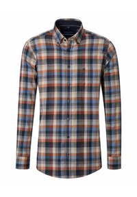 Herren Langarmhemd aus Karostoff in Blau, Braun, Beige und Schwarz, mit Button-Down-Kragen und einer einzelnen Brusttasche.