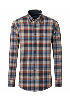 Chemise à manches longues à carreaux pour homme en bleu, marron, beige et noir, avec col boutonné et une poche poitrine.