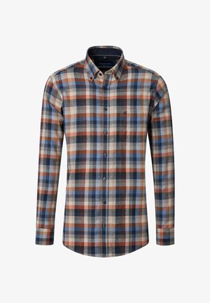 Herren Langarmhemd aus Karostoff in Blau, Braun, Beige und Schwarz, mit Button-Down-Kragen und einer einzelnen Brusttasche.