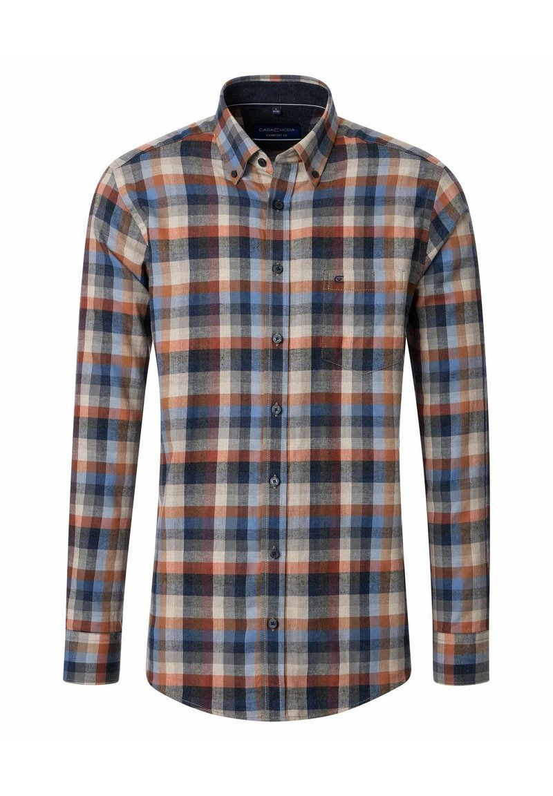 Herren Langarmhemd aus Karostoff in Blau, Braun, Beige und Schwarz, mit Button-Down-Kragen und einer einzelnen Brusttasche.