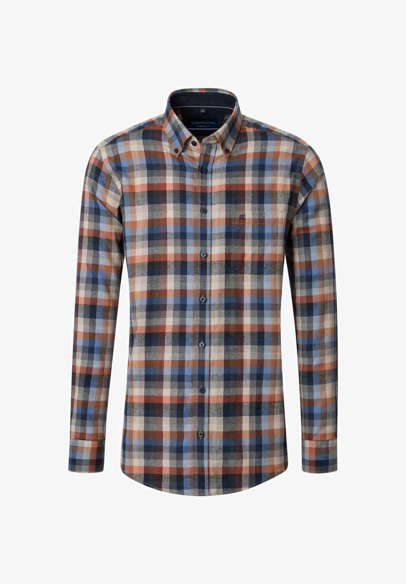 Męska koszula w kratę z długimi rękawami w kolorach niebieskim, brązowym, beżowym i czarnym, z kołnierzykiem zapinanym na guziki i jedną kieszenią na piersi.