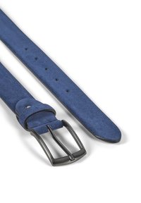Blue suede belt with a metallic rectangular buckle, smooth texture, five adjustment holes, and tapered end design.