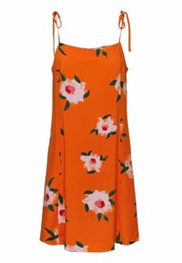 Orange floral dress with spaghetti straps. Features white and pink flowers, green leaves, and a flowing, lightweight fabric.