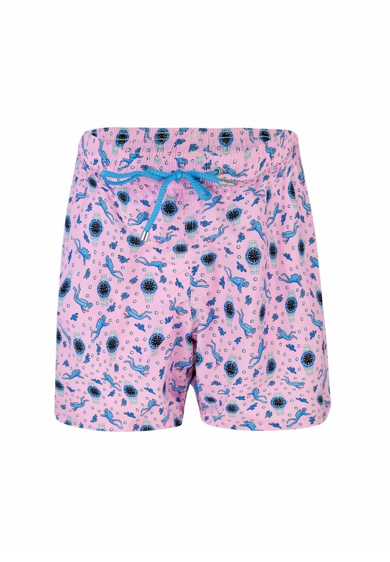 Pantaloni da nuoto rosa con vita con coulisse, caratterizzati da motivi blu di nuotatori e orologi, tessuto testurizzato e vestibilità rilassata.