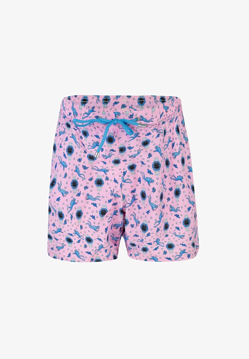 Pantaloni da nuoto rosa con vita con coulisse, caratterizzati da motivi blu di nuotatori e orologi, tessuto testurizzato e vestibilità rilassata.