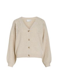 Beige pletený kardigan na knoflíky s výstřihem do V, dlouhými rukávy, žebrovanými manžetami a spodním lemem, a květinovou výšivkou na ramenou.