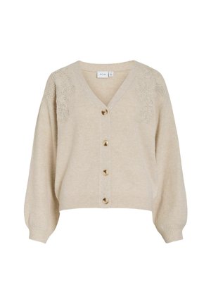 Beige pletený kardigan na knoflíky s výstřihem do V, dlouhými rukávy, žebrovanými manžetami a spodním lemem, a květinovou výšivkou na ramenou.