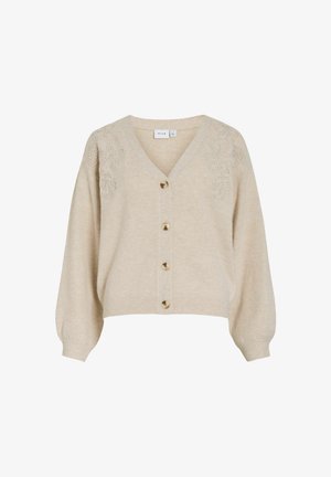 Bež kardigan na dugmad s V-izrezom, dugim rukavima, rebrastim manžetama i rubom, te cvjetnim vezom na ramenima.