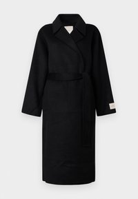 Black wrap coat made of soft fabric, featuring a notch collar, wide sleeves, and a matching tie belt. Label on the left sleeve with logo.